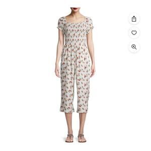 J for Justify Juniors' Yummy Puff Sleeve Jumpsuit floral print wide leg cropped